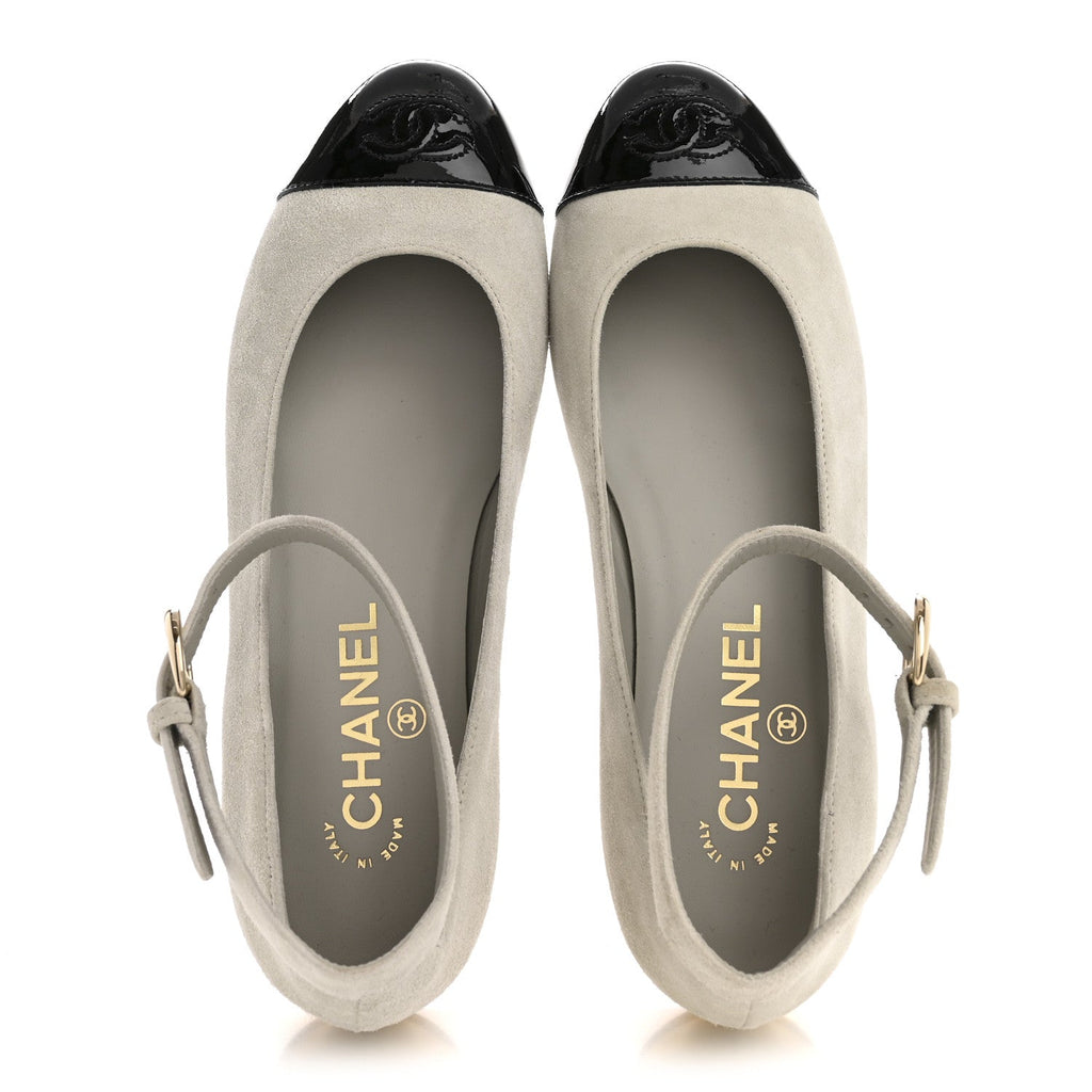 Chanel Suede Calfskin Patent Calfskin Cap Toe CC Mary Jane Flats 36.5 Light Gray Black