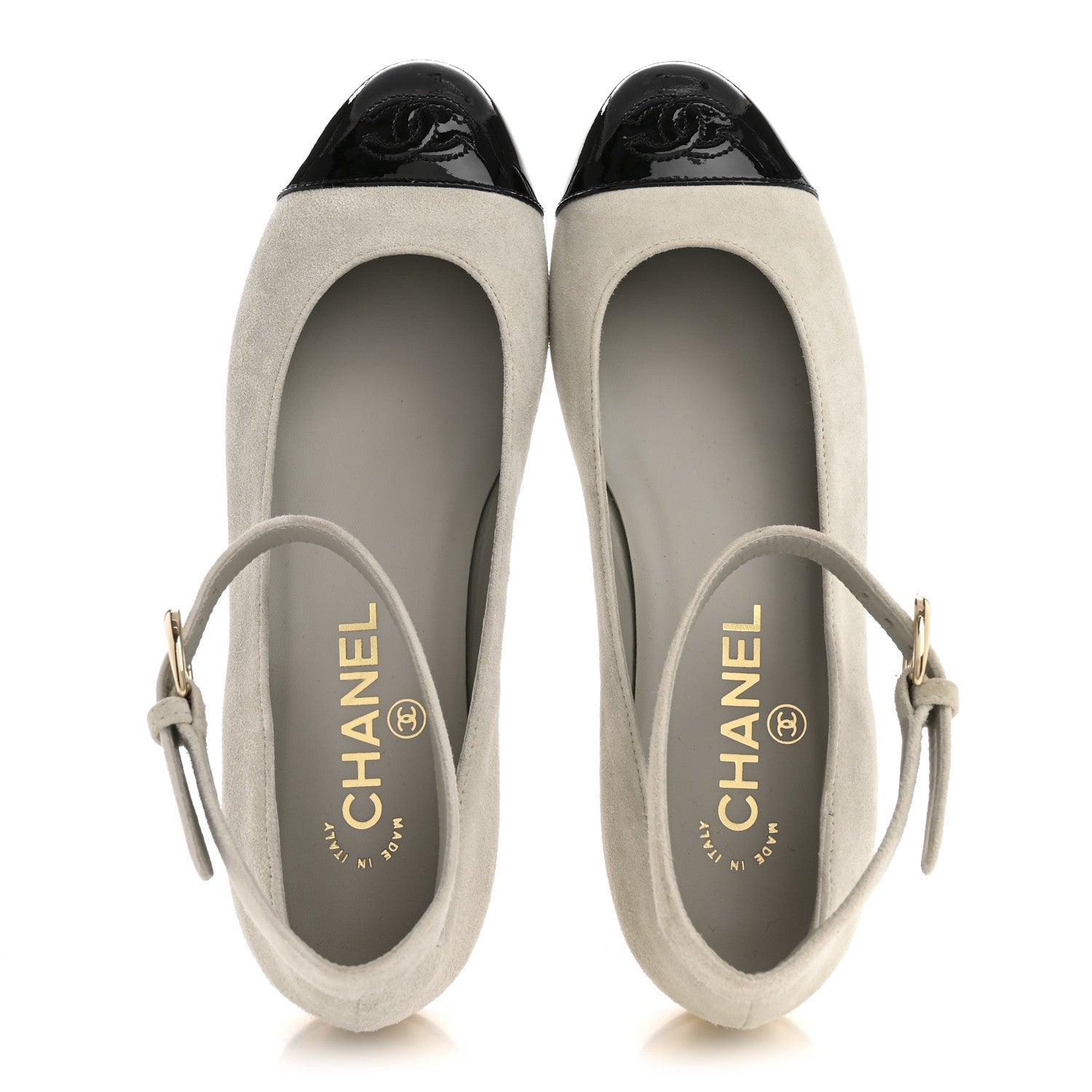 Chanel Suede Calfskin Patent Calfskin Cap Toe CC Mary Jane Flats 36.5 Light Gray Black
