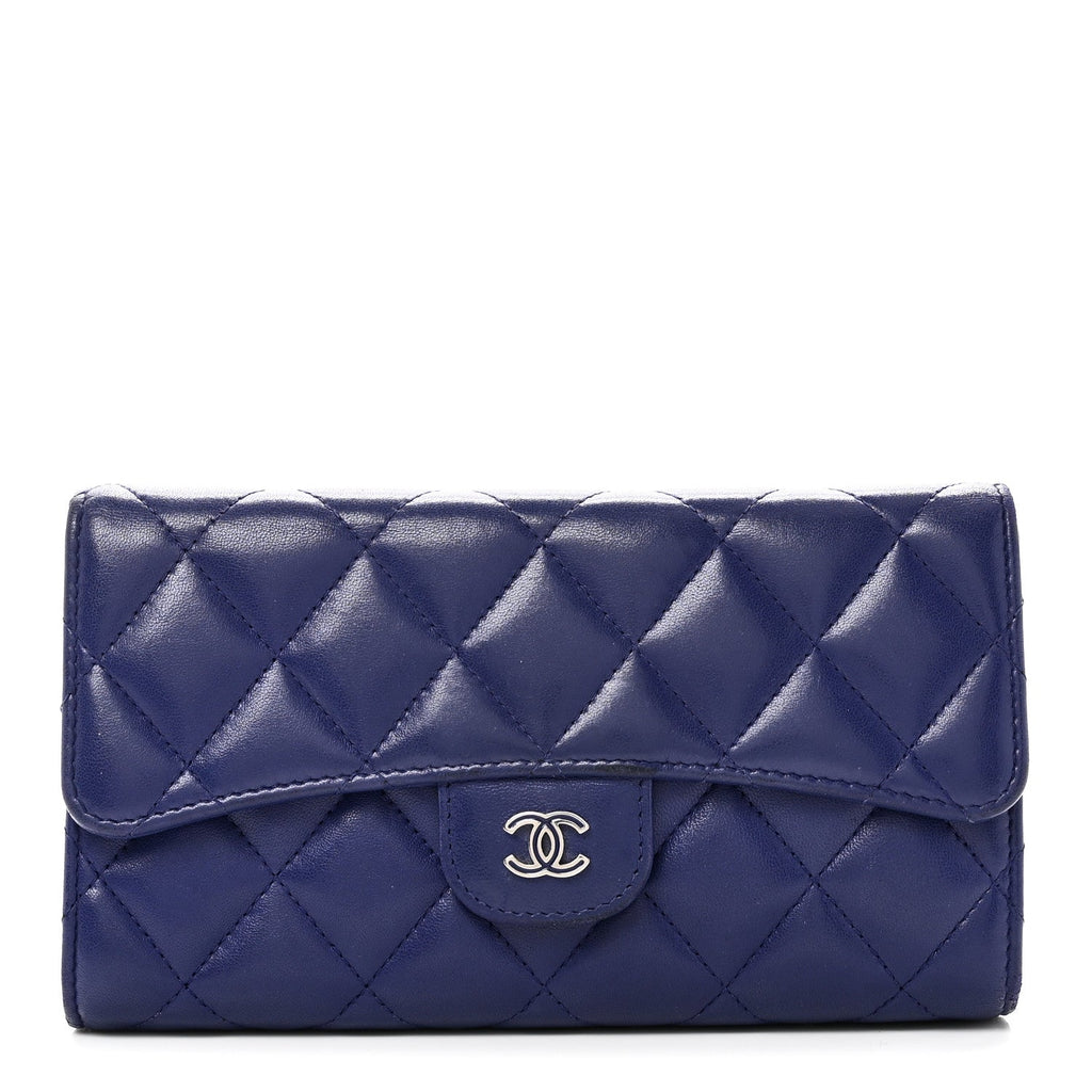 Lambskin Quilted Large Flap Wallet Blue
