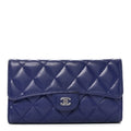 Lambskin Quilted Large Flap Wallet Blue