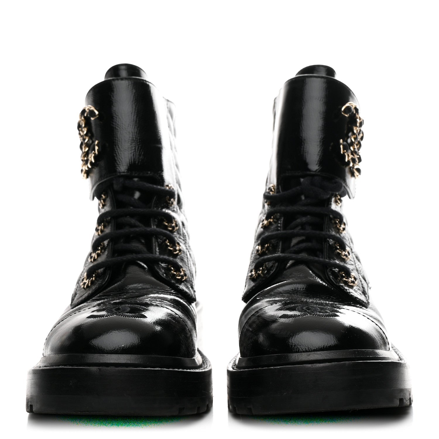 Chanel Shiny Calfskin Quilted Lace Up Combat Boots 36 Black