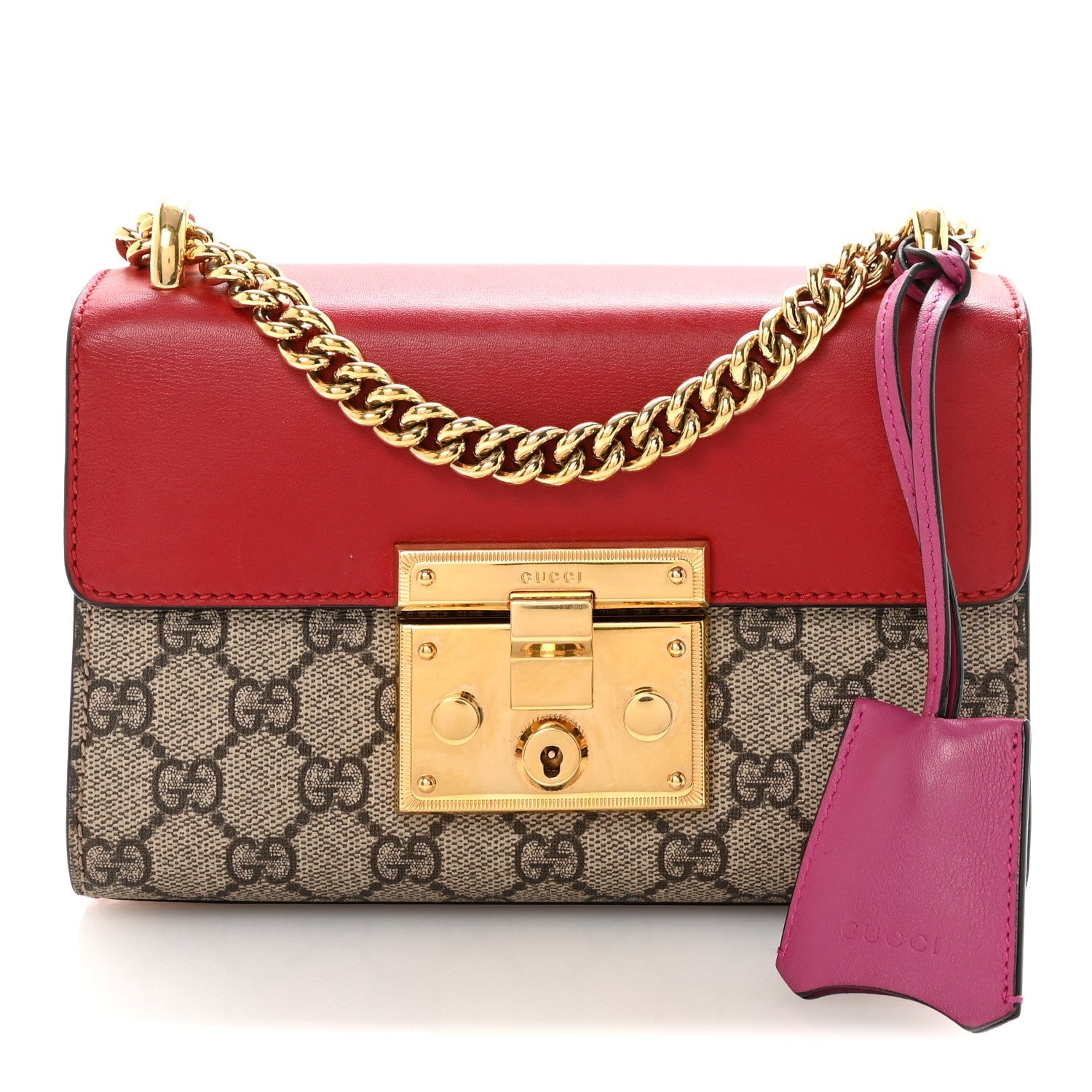 Gucci GG Supreme Monogram Calfskin Small Padlock Shoulder Bag Beige Hibiscus Red New Rosette