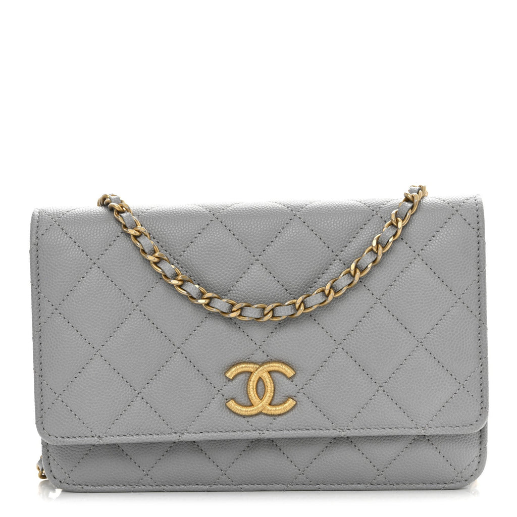 Chanel Caviar Quilted Textured CC Wallet On Chain WOC Grey