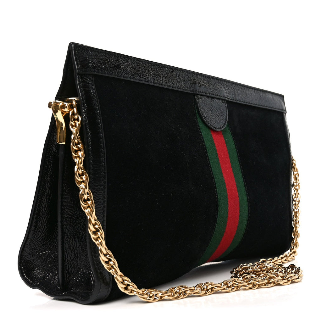 Gucci Suede Patent GG Web Medium Ophidia Chain Shoulder Bag Black