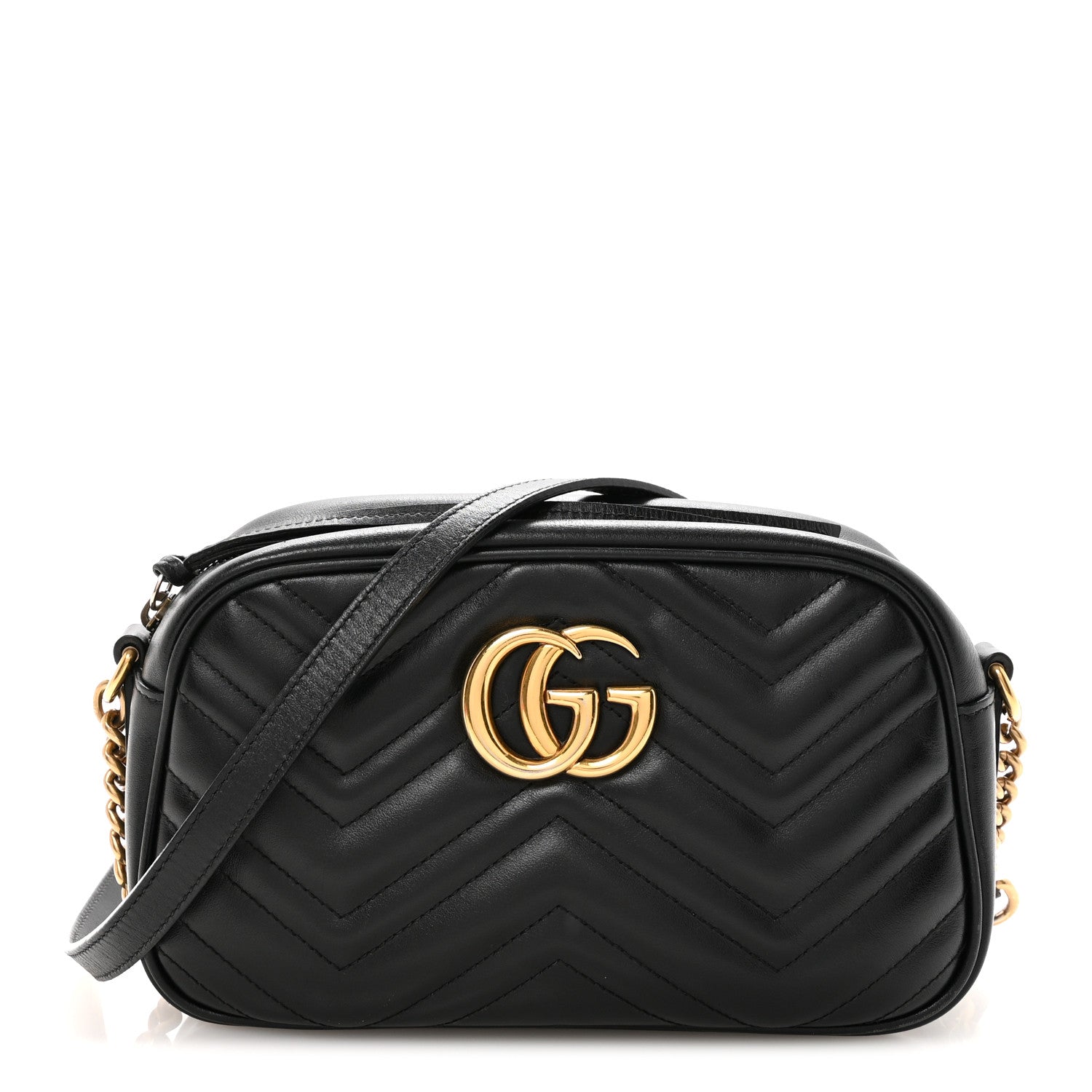 Gucci Calfskin Matelasse Small GG Marmont Chain Shoulder Bag Black