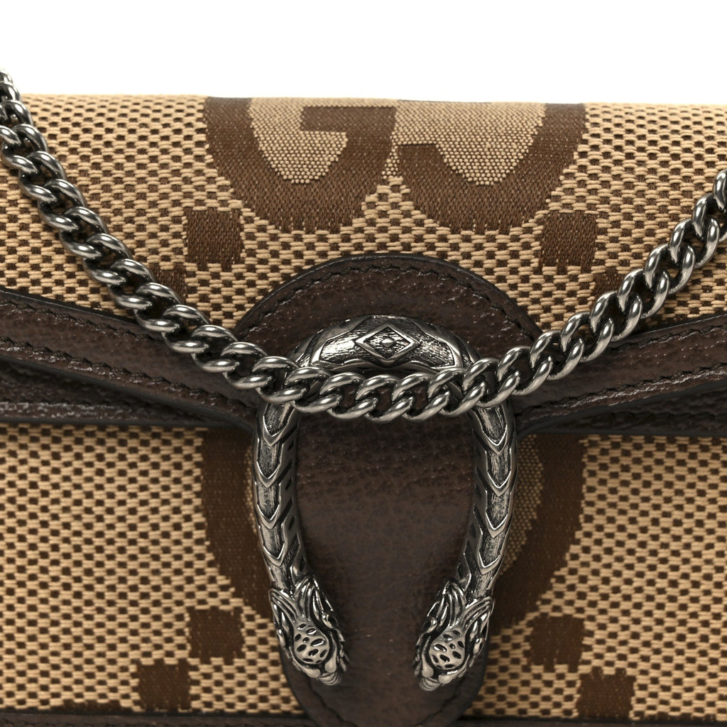 Gucci Monogram Jumbo GG Textured Dollar Calfskin Super Mini Dionysus Shoulder Bag Camel Ebony New Acero