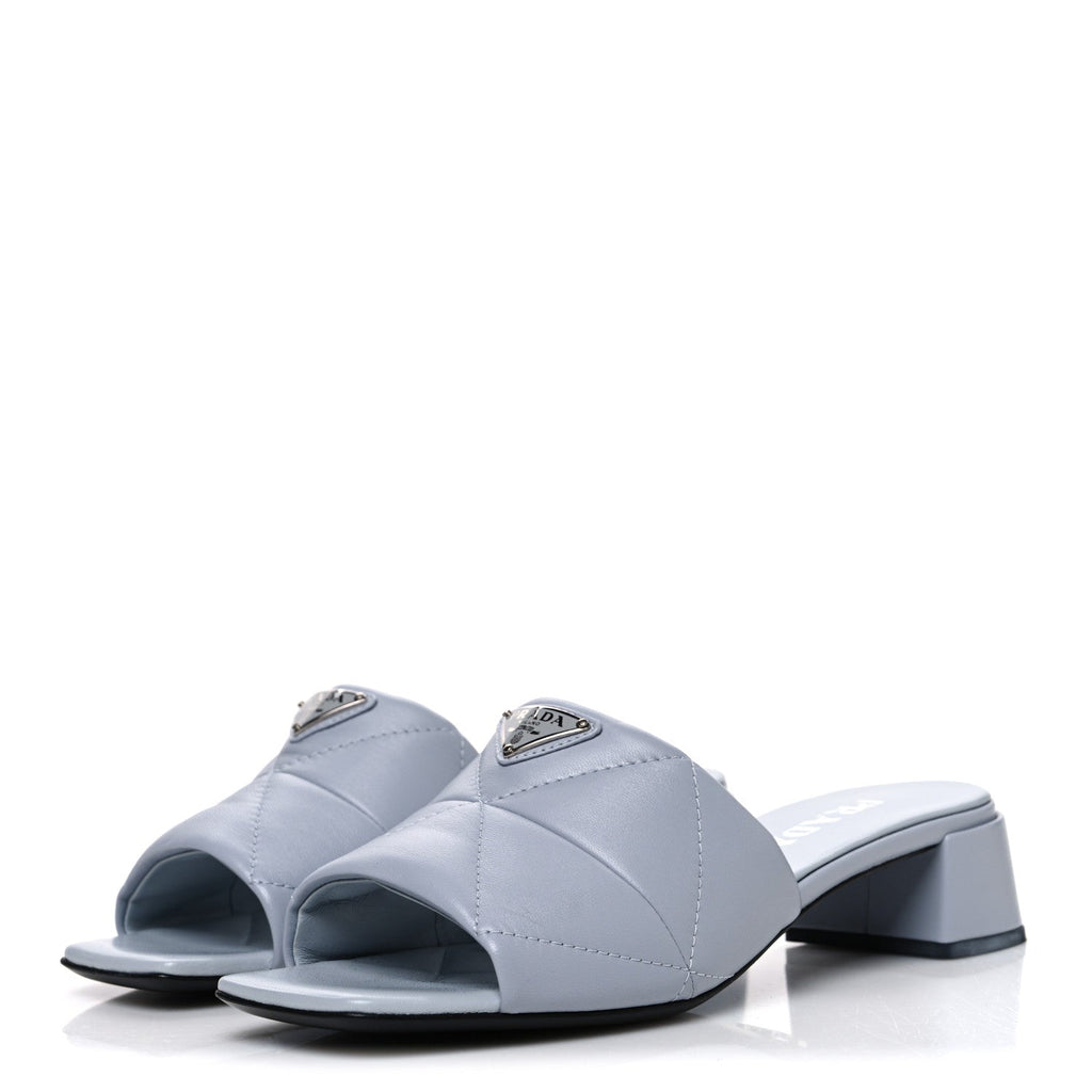 Prada Nappa Metal Triangle Logo Quilted Block Heel Slide Sandals 38 Flordaliso