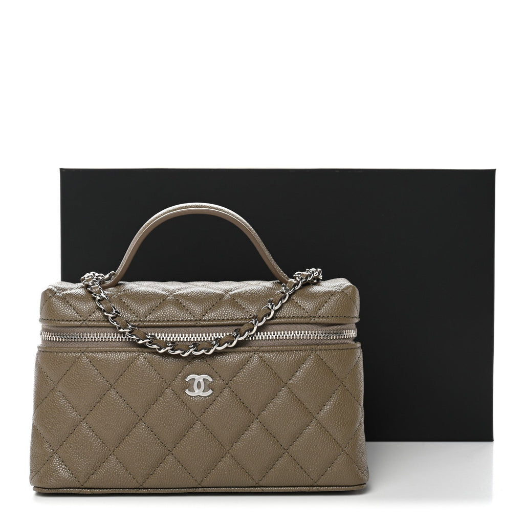 Chanel Caviar Quilted Top Handle Slim Vanity With Chain Dark Khaki