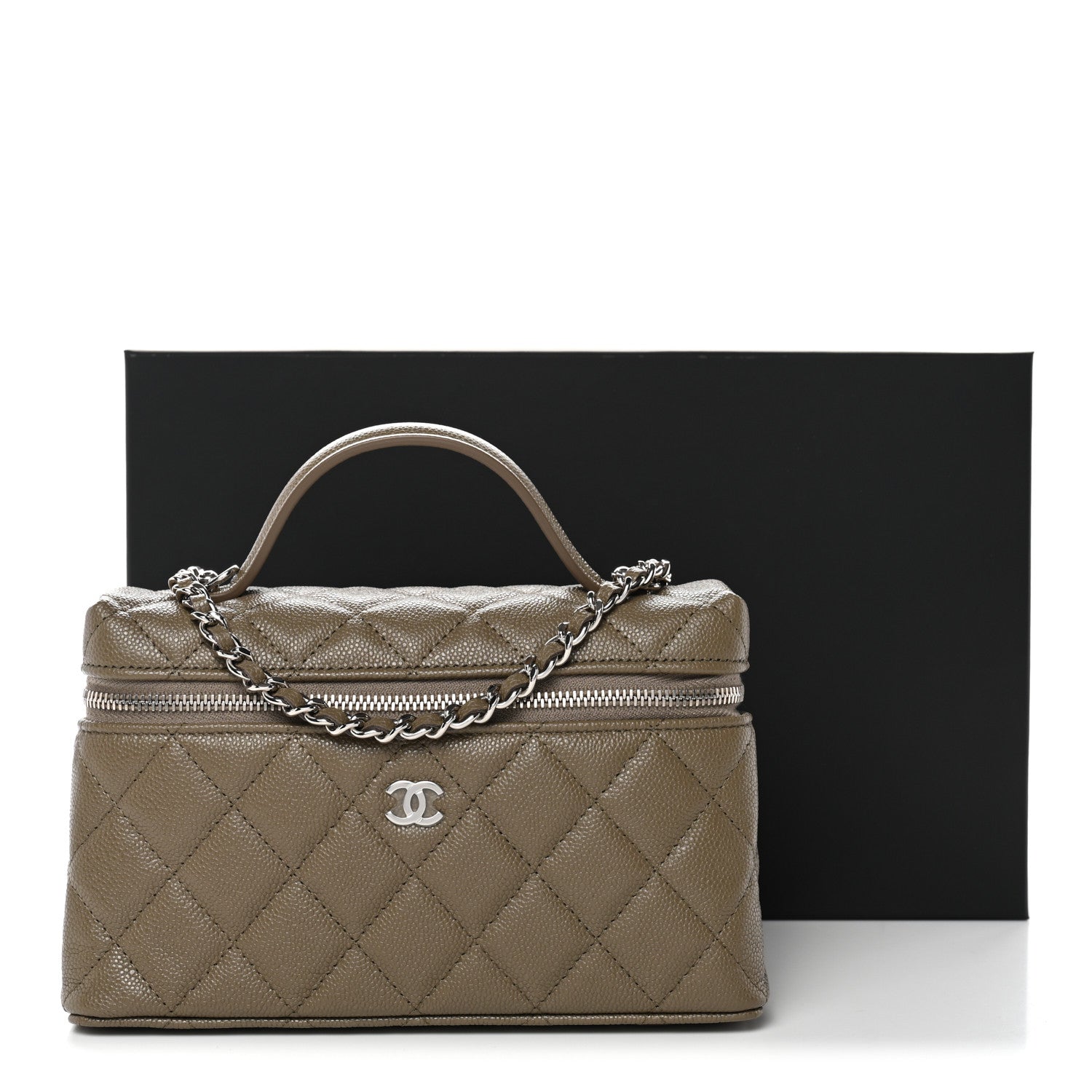 Chanel Caviar Quilted Top Handle Slim Vanity With Chain Dark Khaki
