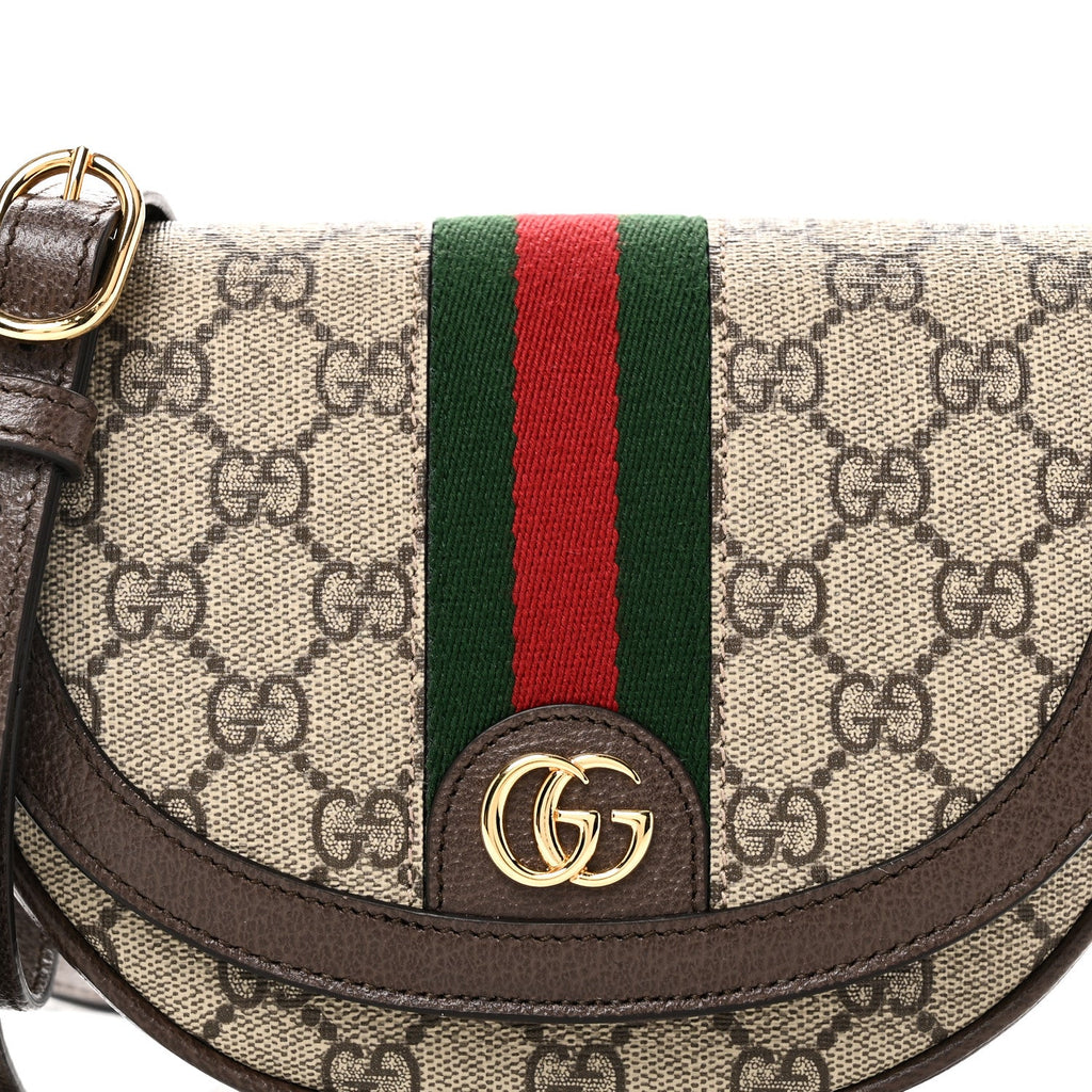 Gucci GG Supreme Monogram Textured Dollar Calfskin Web Mini Ophidia Flap Shoulder Bag Beige Ebony New Acero