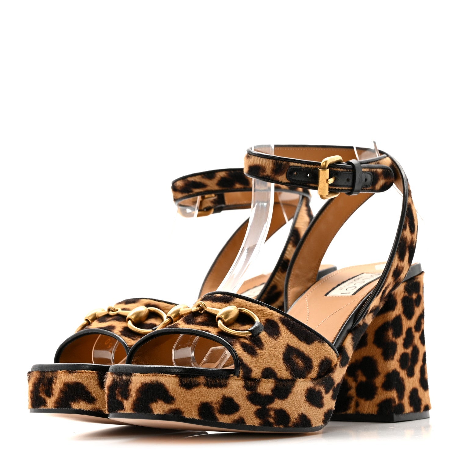 Gucci Calf Hair Leopard Print Horsebit 25/60mm Platform Sandals 36.5 Hazelnut Black