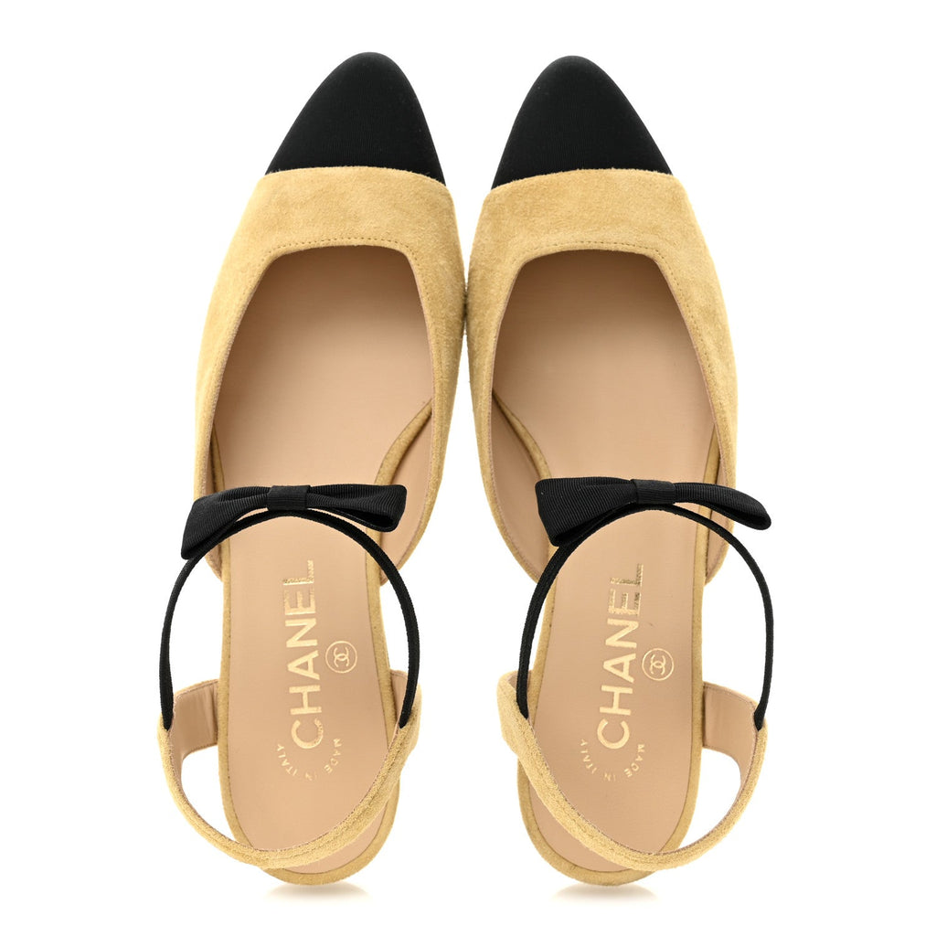 Chanel Suede Grosgrain Bow Cap Toe CC Slingback Flats 38 Beige Black
