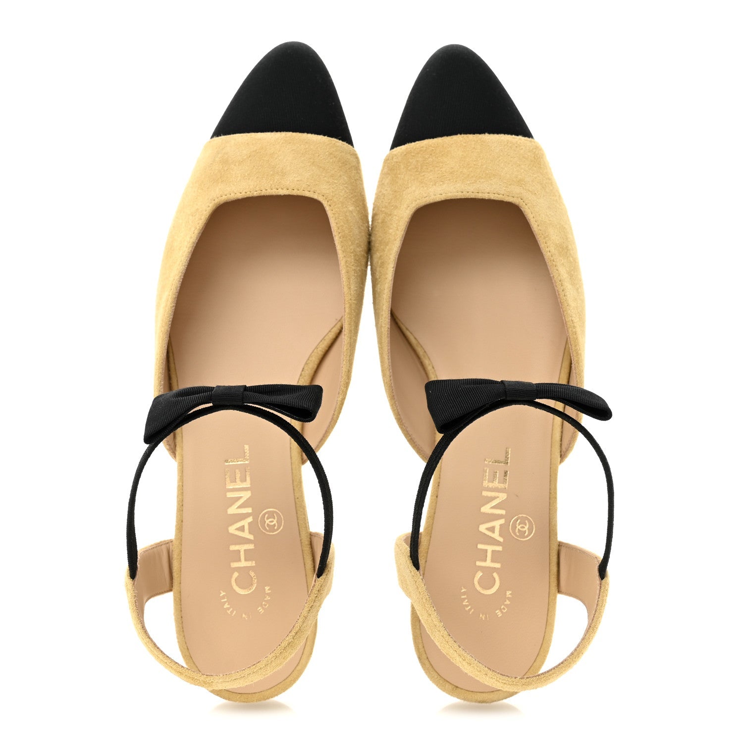 Chanel Suede Grosgrain Bow Cap Toe CC Slingback Flats 38 Beige Black
