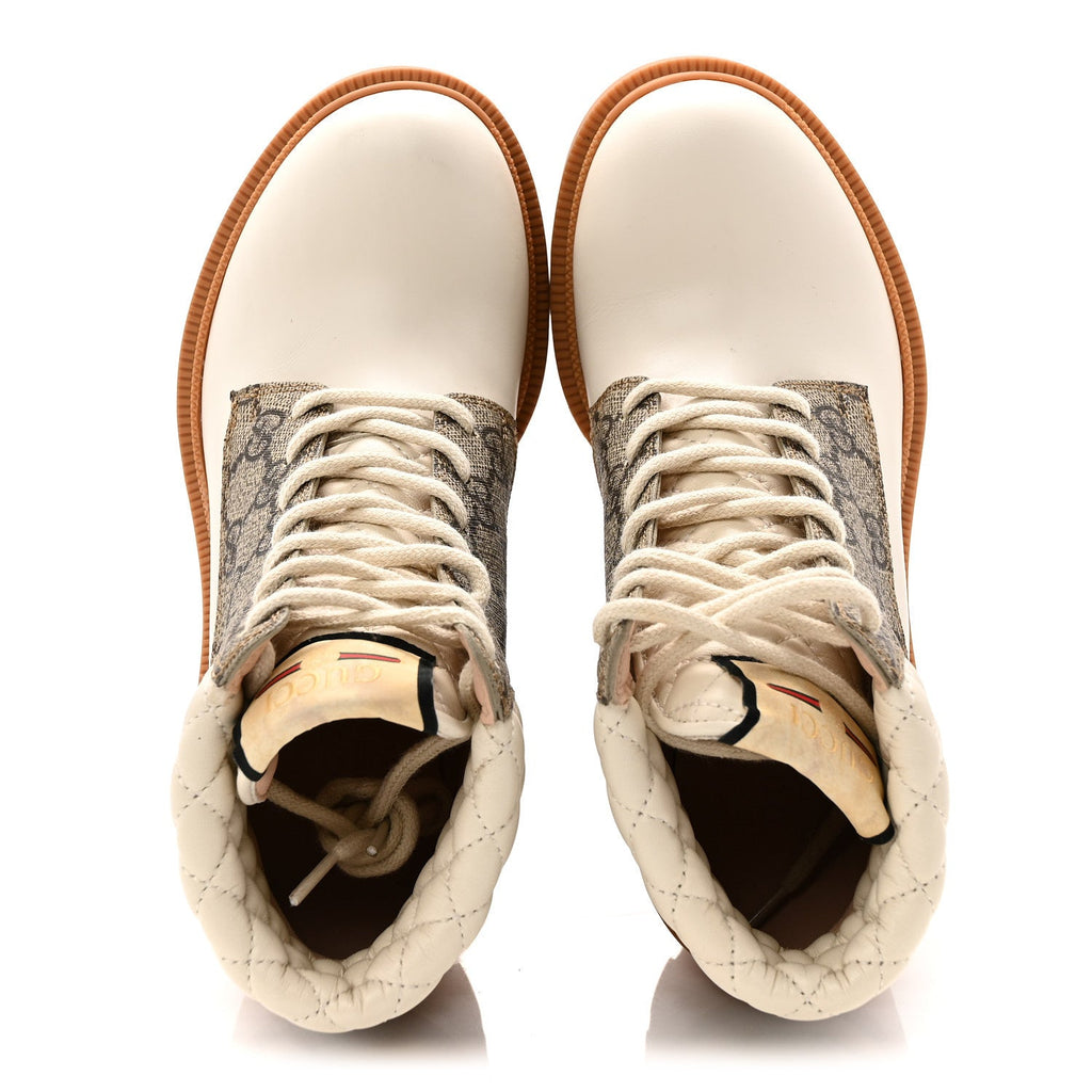 Gucci Calfskin GG Supreme Monogram Nappa Quilted Lace Up Ankle Boots 35 Mystic White Beige