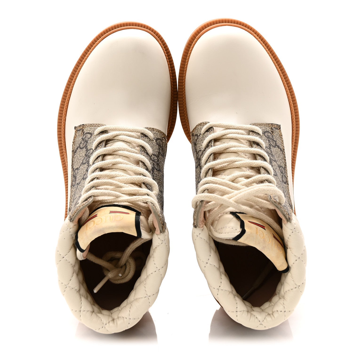 Gucci Calfskin GG Supreme Monogram Nappa Quilted Lace Up Ankle Boots 35 Mystic White Beige
