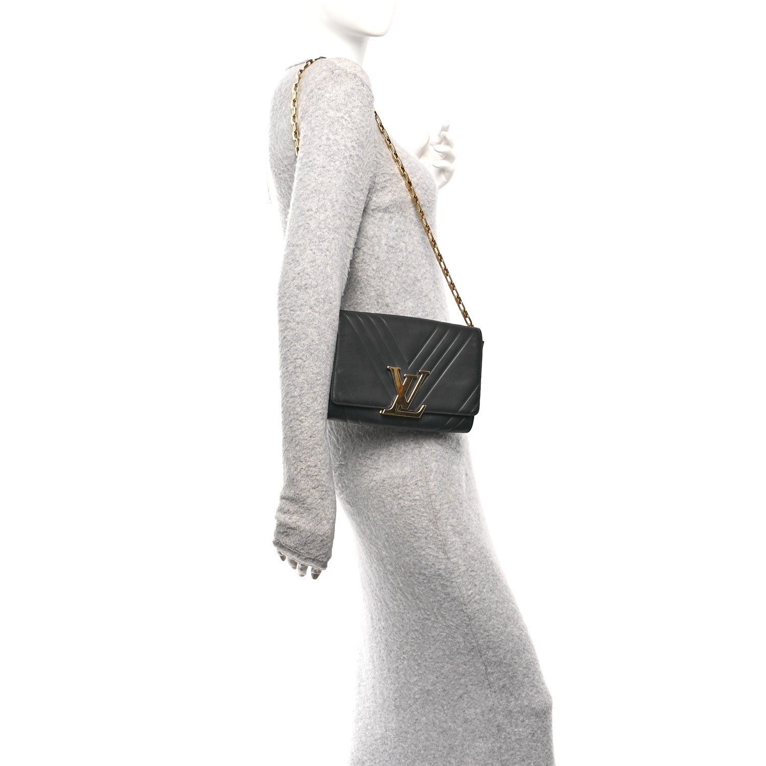 Louis Vuitton Calfskin Airy V Embossed Pochette Chain Louise GM  Black