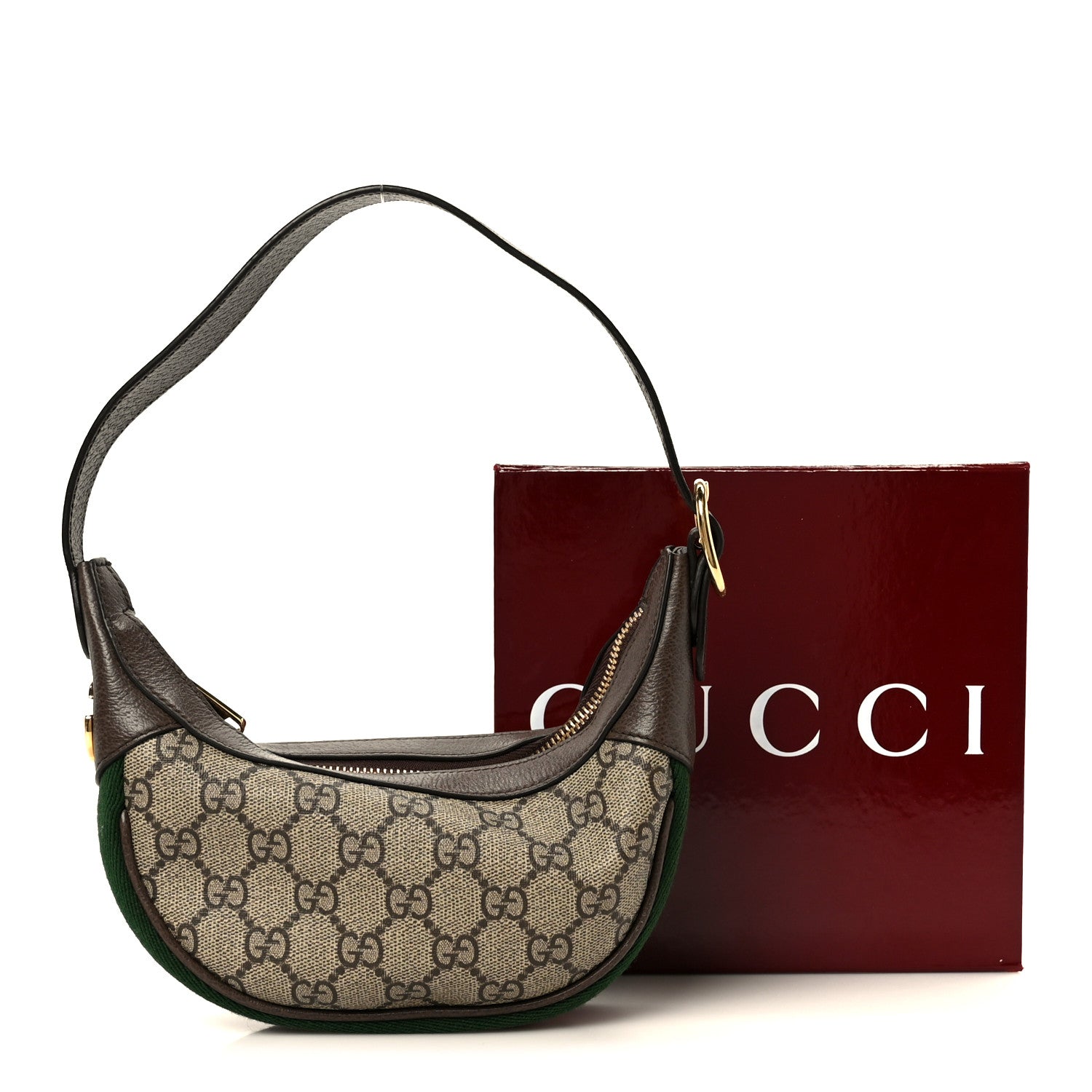 Gucci GG Supreme Monogram Textured Calfskin Web Mini Ophidia Half Moon Hobo Beige Ebony New Acero