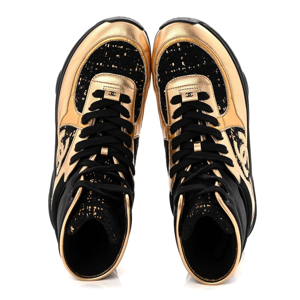 Satin Lambskin Fabric Tweed CC High Top Sneakers 39 Black Gold