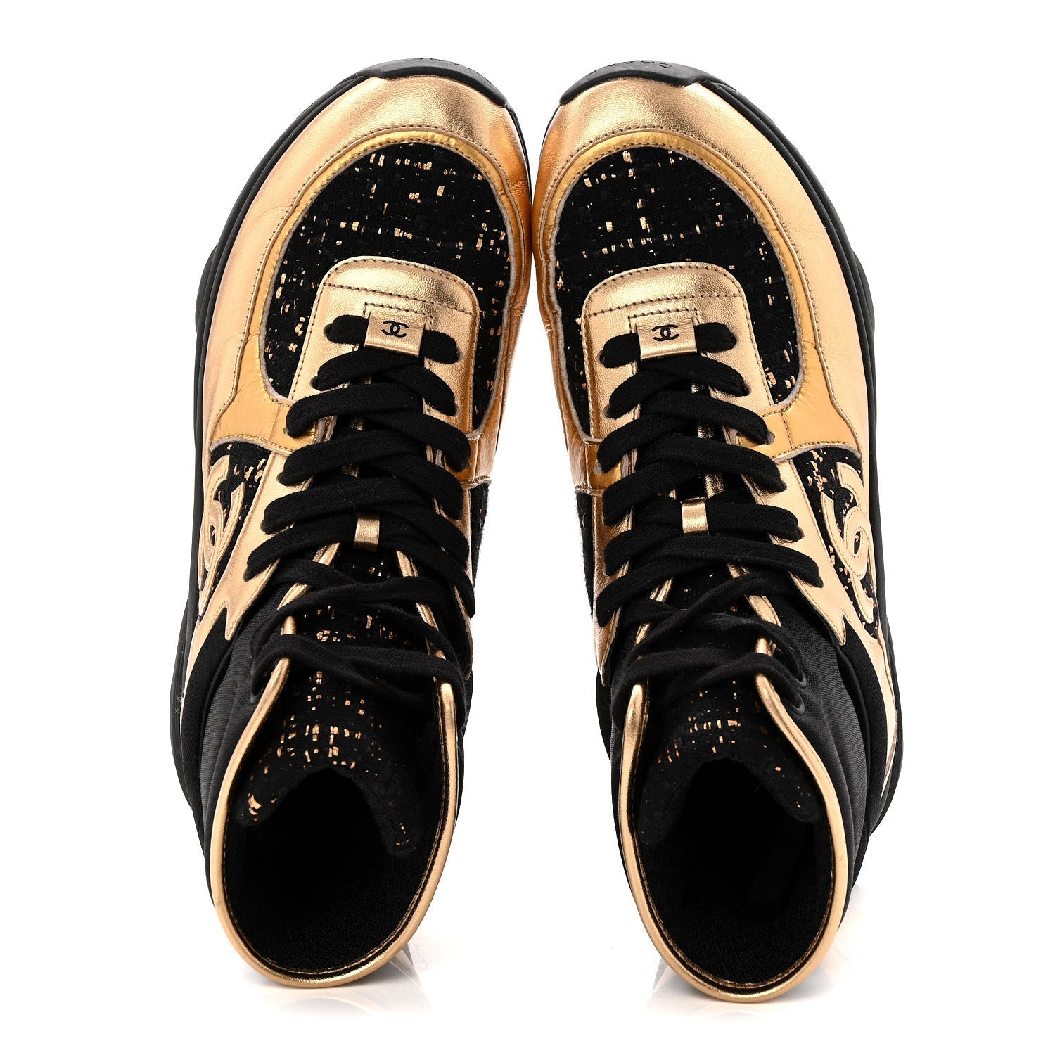 Satin Lambskin Fabric Tweed CC High Top Sneakers 39 Black Gold