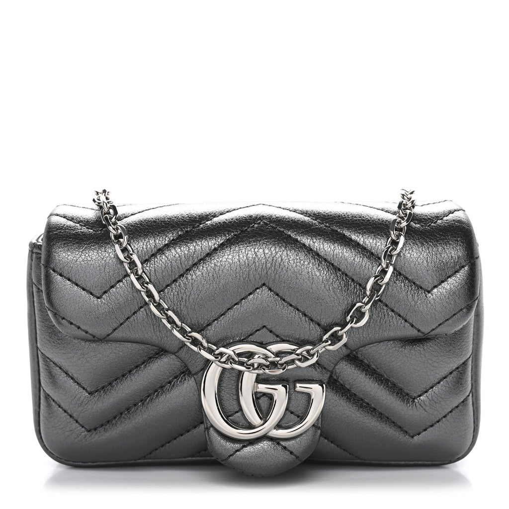 Gucci Metallic Lambskin Matelasse Mini GG Marmont Shoulder Bag Piombo