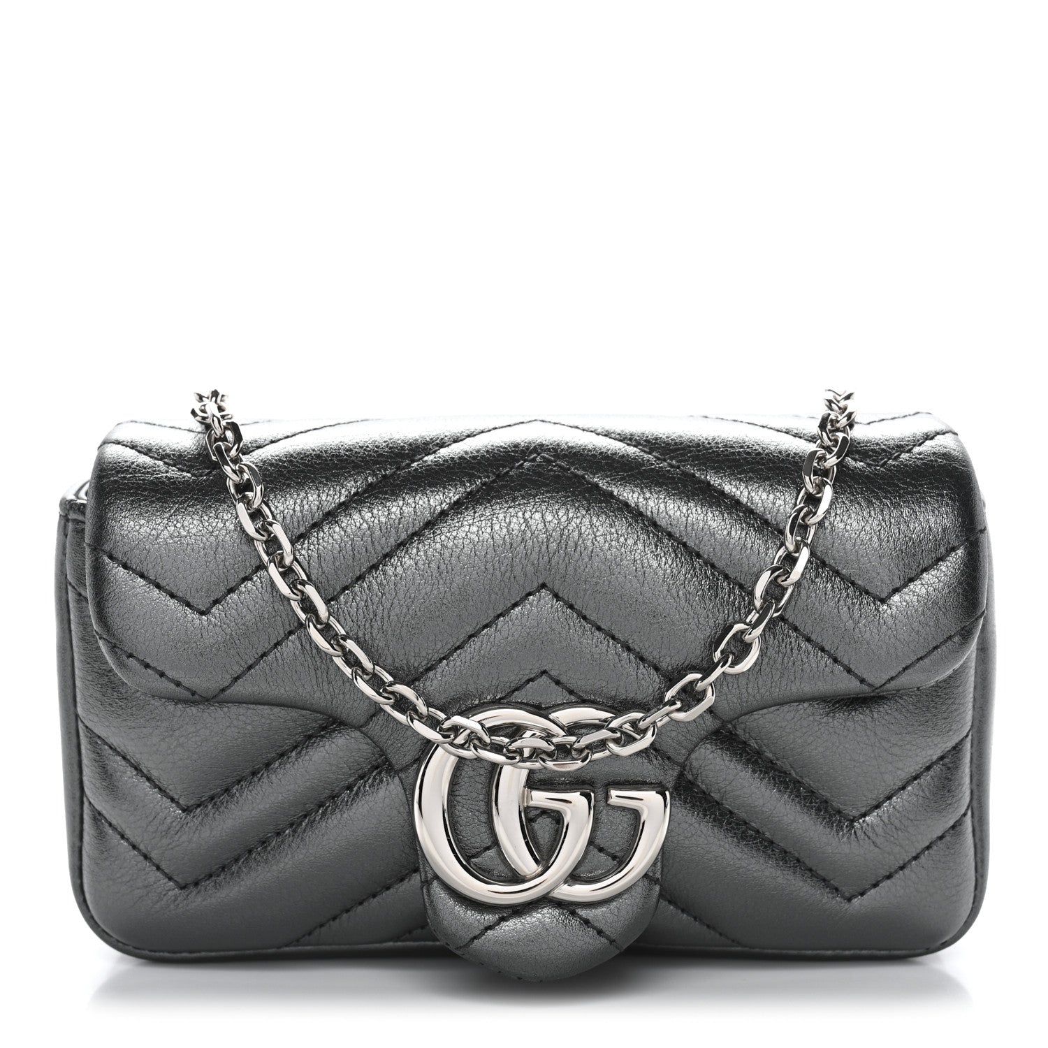 Gucci Metallic Lambskin Matelasse Mini GG Marmont Shoulder Bag Piombo