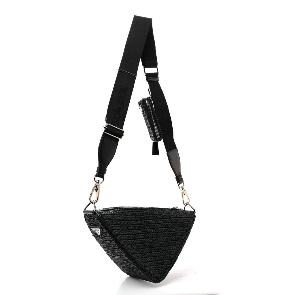 Prada Yarn Raffia Effect Crochet Triangle Shoulder Bag Black
