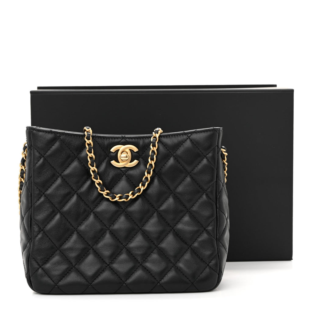 Chanel Lambskin Quilted Small Pearl Crush Hobo Black