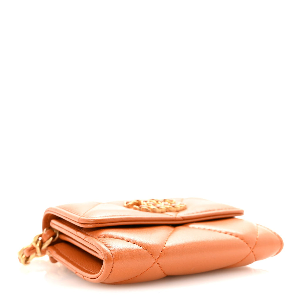 Chanel Lambskin Quilted Chanel 19 Flap Coin Purse With Chain Light Brown