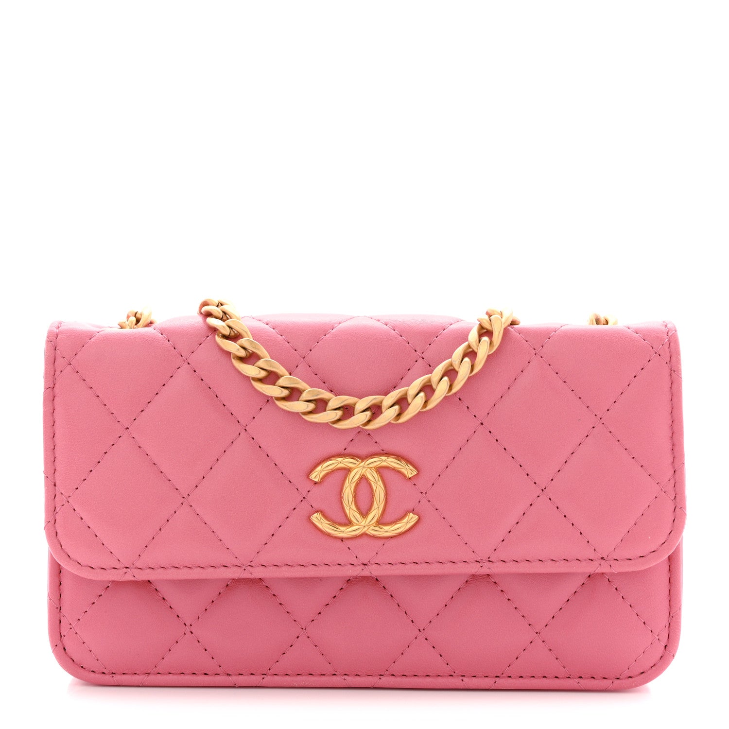 Chanel Lambskin Quilted Pillow Crush Flap Phone Holder With Chain Pink