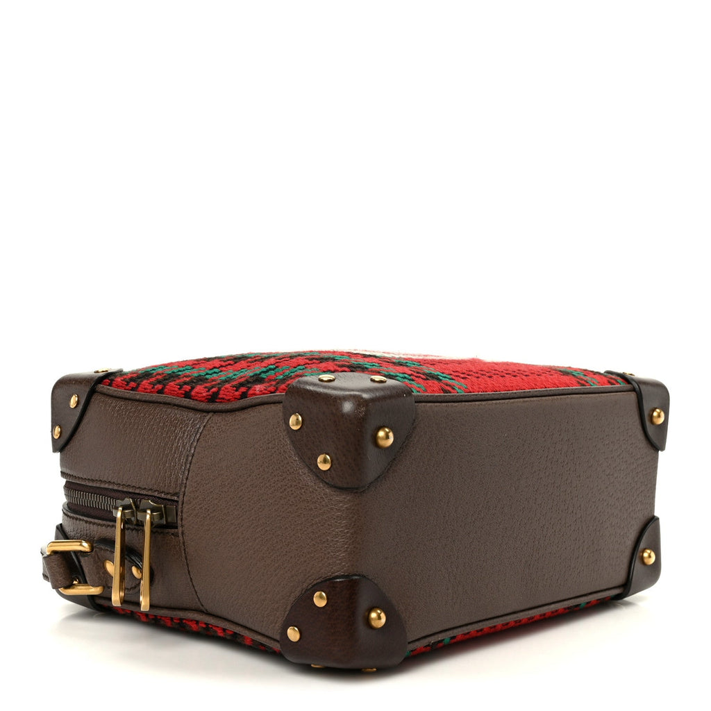 Gucci Cotton Wool Textured Calfskin Houndstooth Woven Square Messenger Bag Red Green Ivory Multicolor New Acero