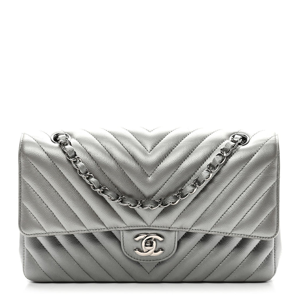 Chanel Metallic Caviar Chevron Quilted Medium Double Flap Silver