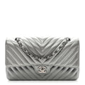 Chanel Metallic Caviar Chevron Quilted Medium Double Flap Silver