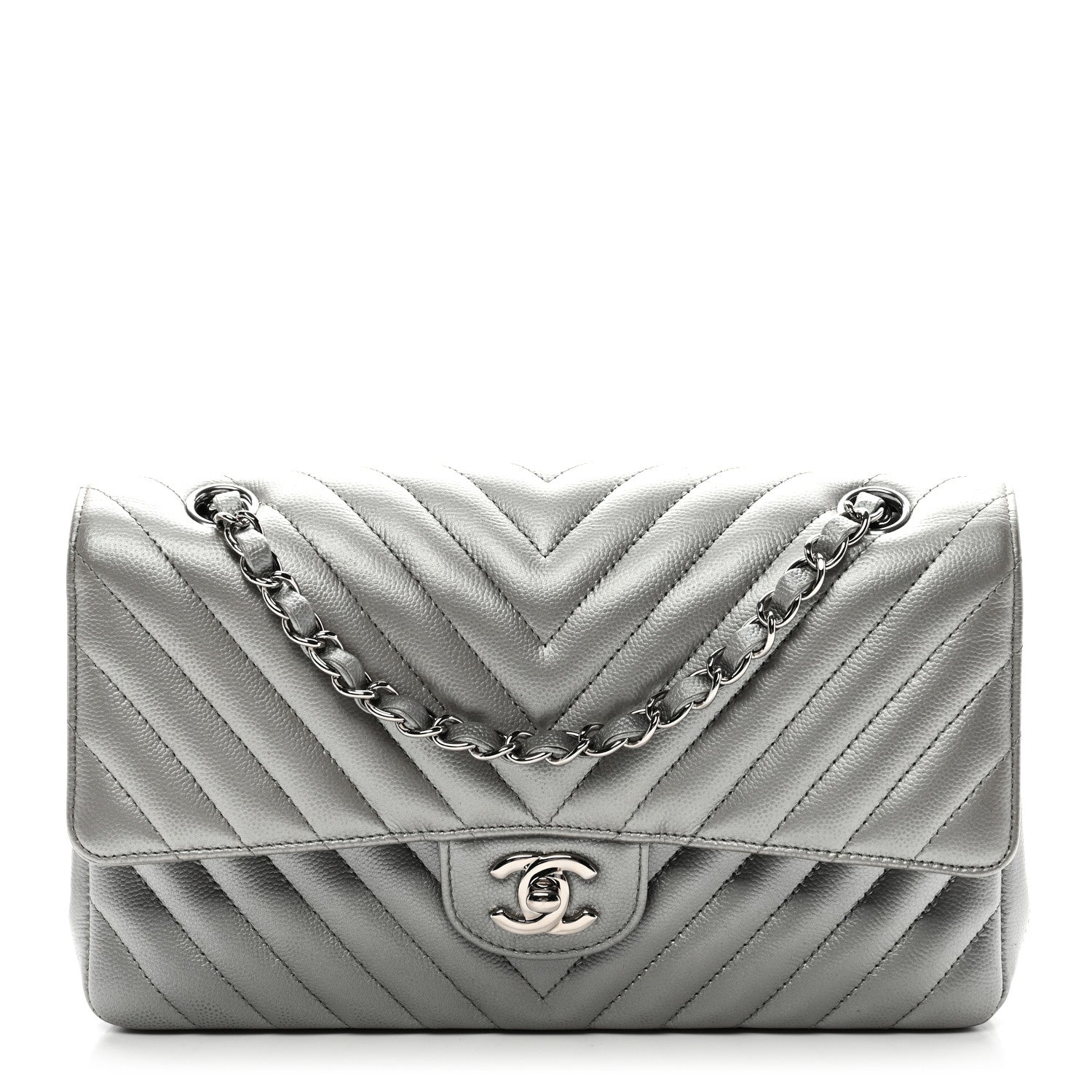 Chanel Metallic Caviar Chevron Quilted Medium Double Flap Silver