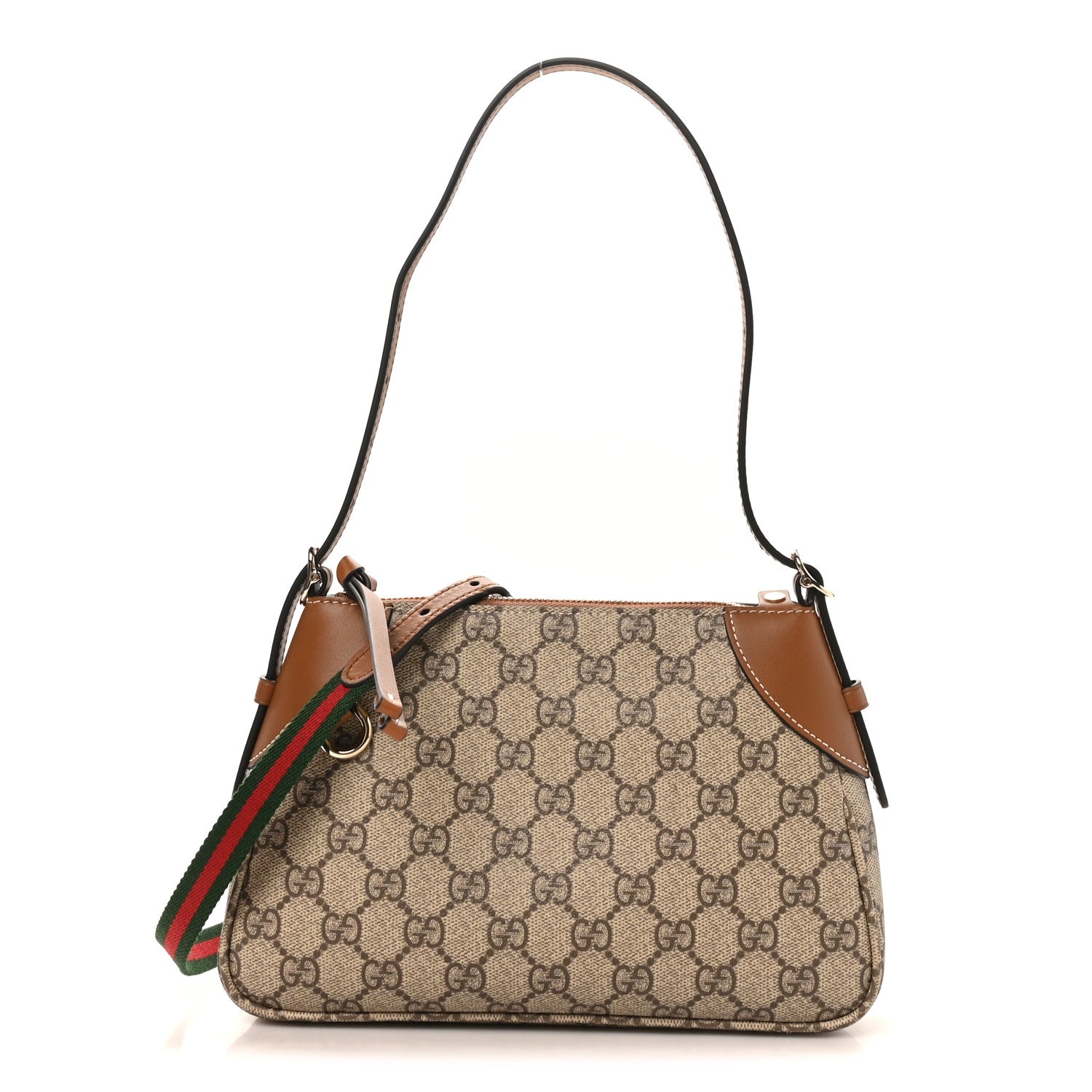 Gucci GG Supreme Monogram Textured Calfskin Small Emblem Shoulder Bag Beige Dark Brown