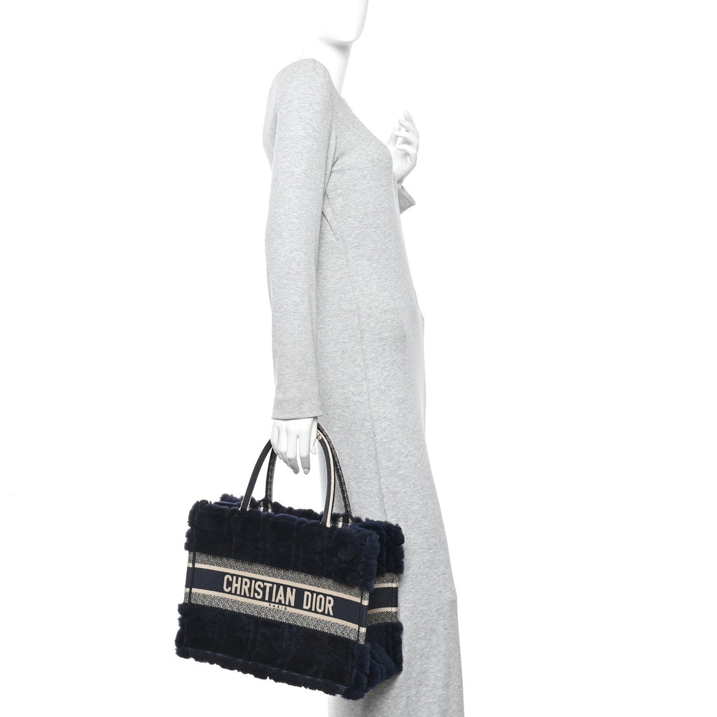 Christian Dior Shearling Cannage Medium Book Tote Deep Blue Natural