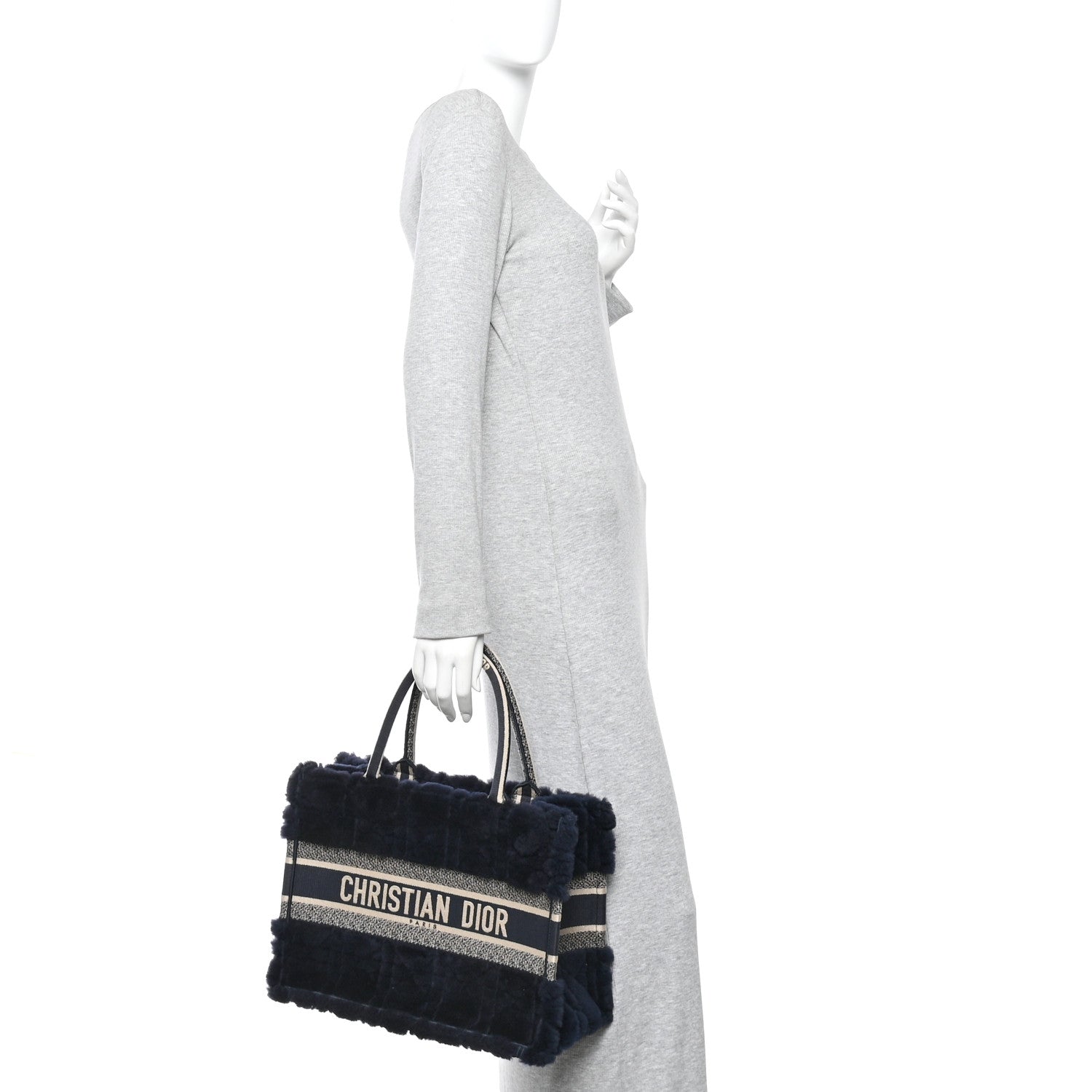 Christian Dior Shearling Cannage Medium Book Tote Deep Blue Natural