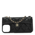 Caviar Quilted Pearl Crush iPhone XII Pro Max Holder With Chain Black