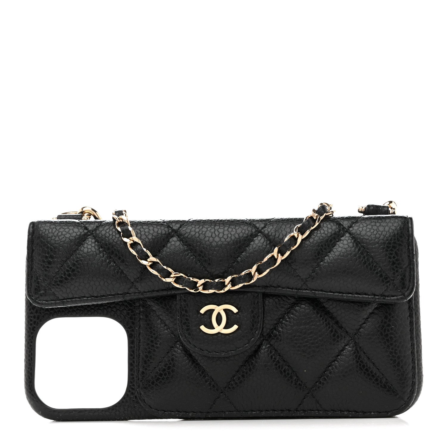 Caviar Quilted Pearl Crush iPhone XII Pro Max Holder With Chain Black