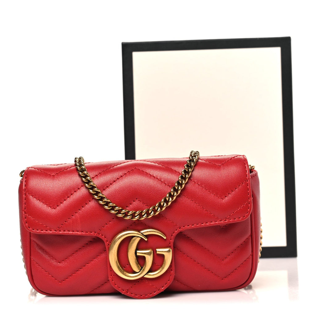 Gucci Calfskin Matelasse Super Mini GG Marmont Shoulder Bag Hibiscus Red
