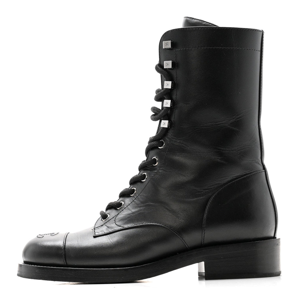 Calfskin Cap Toe Lace Up Combat Boots 38 Black