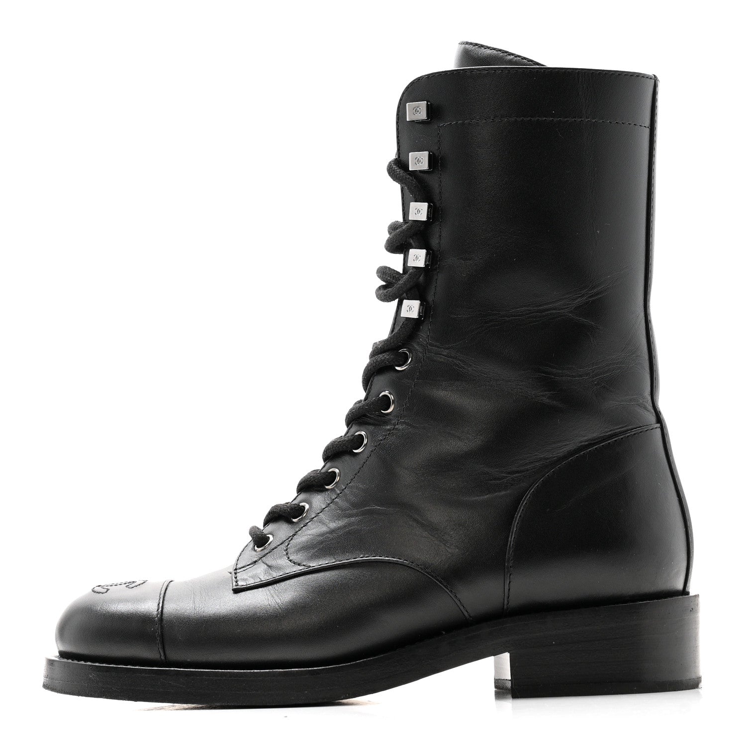 Calfskin Cap Toe Lace Up Combat Boots 38 Black