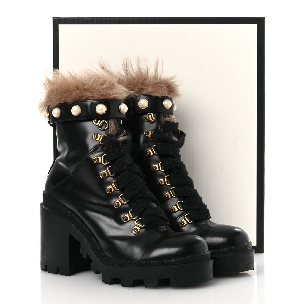 Gucci Magnum Calfskin Fur Pearl Lace Up Combat Ankle Boots 39.5 Black Naturale