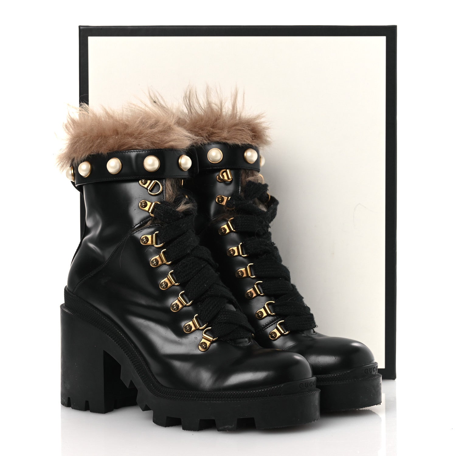 Gucci Magnum Calfskin Fur Pearl Lace Up Combat Ankle Boots 39.5 Black Naturale