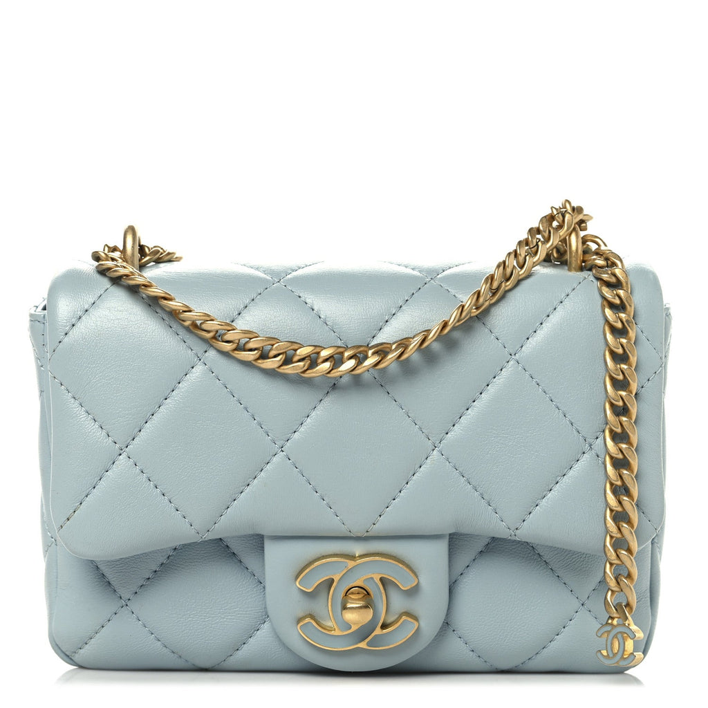 Chanel Lambskin Enamel Quilted Mini Pending CC Square Flap Light Blue