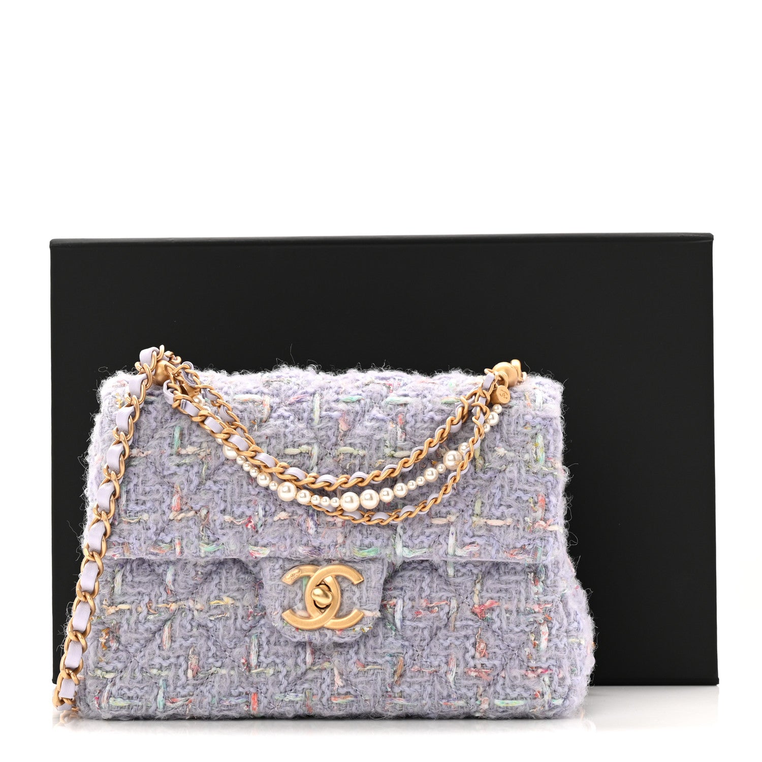 Chanel Tweed Quilted Pearl Twist Mini Rectangular Flap Purple