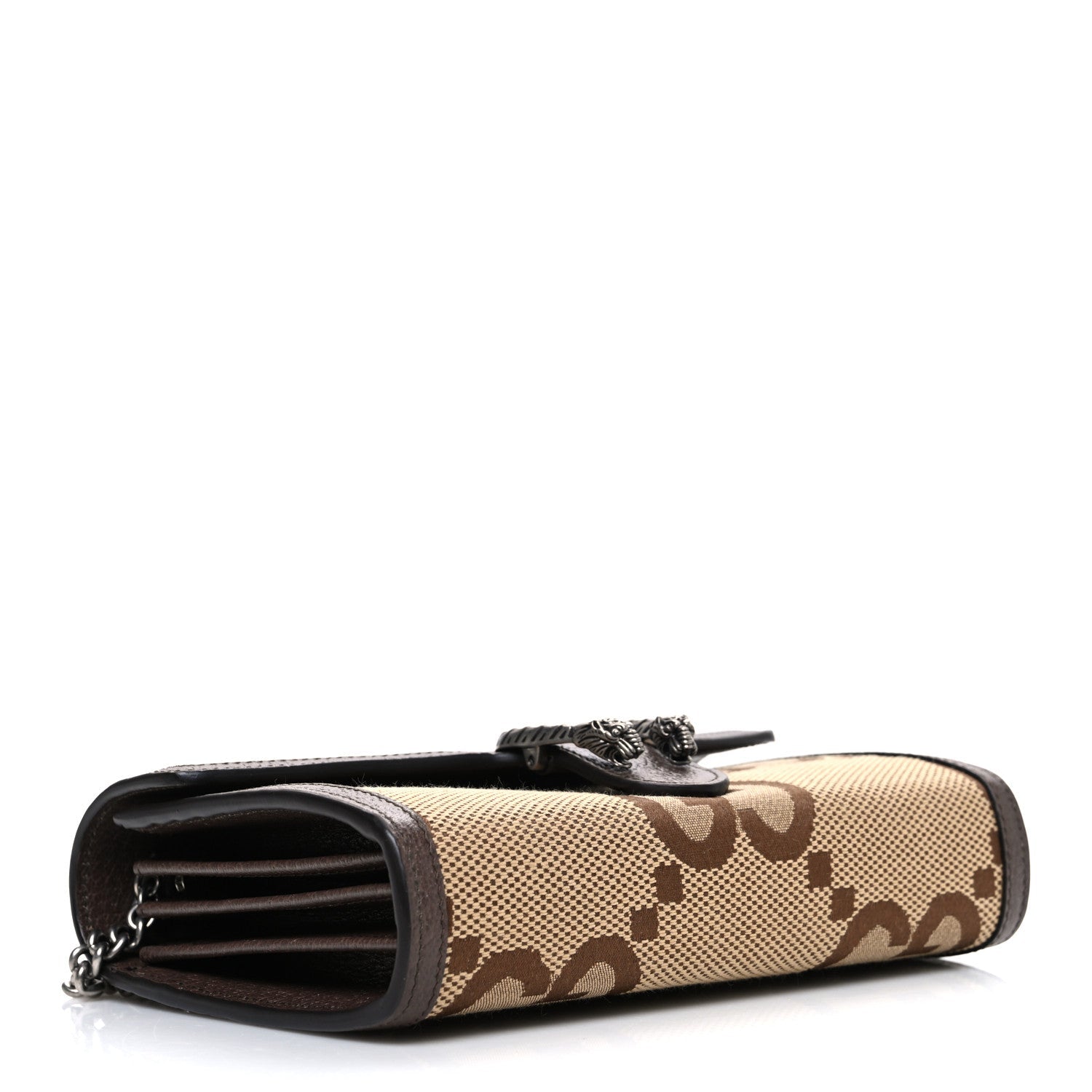 Gucci Monogram Jumbo GG Textured Dollar Calfskin Mini Dionysus Chain Wallet Camel Ebony New Acero