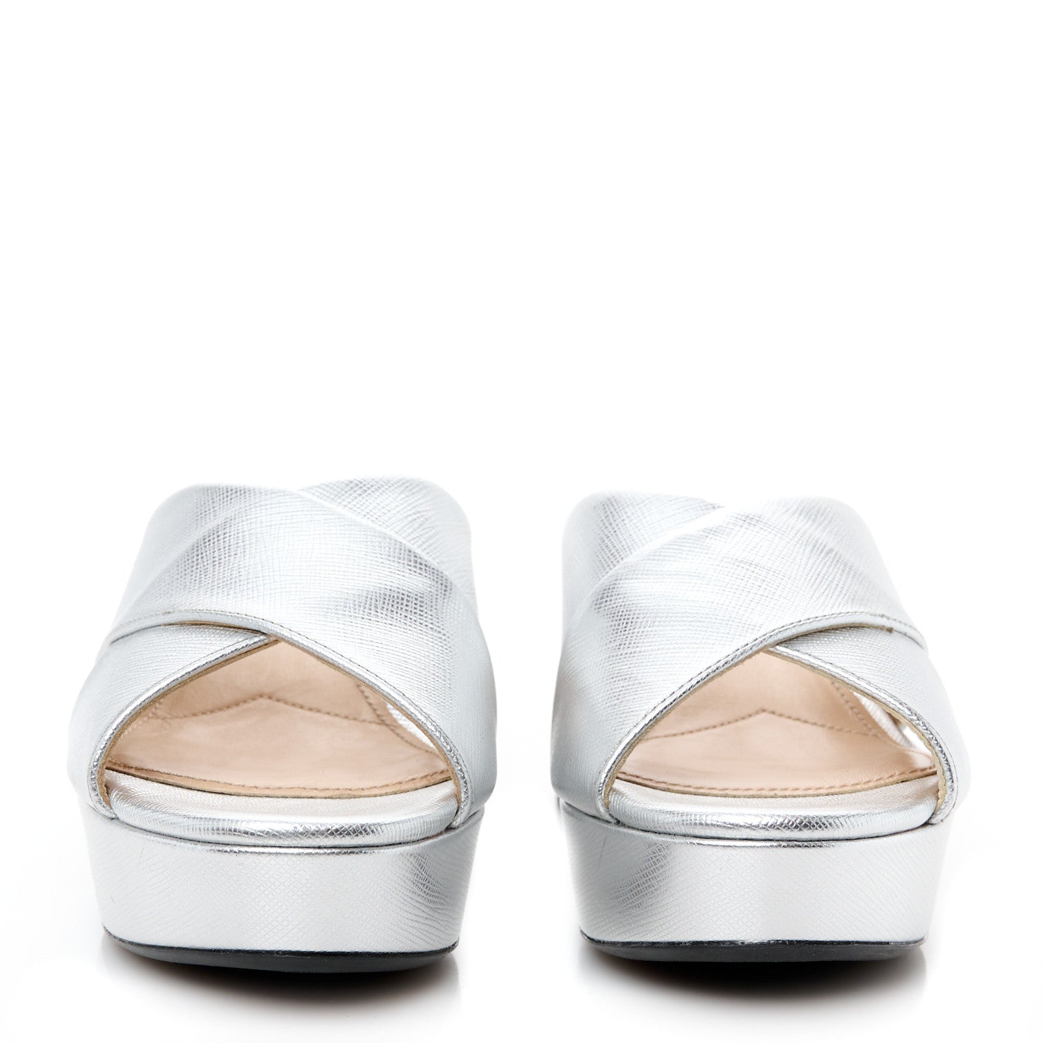 Prada Metallic Saffiano Crisscross Platform Sandals Silver 34.5