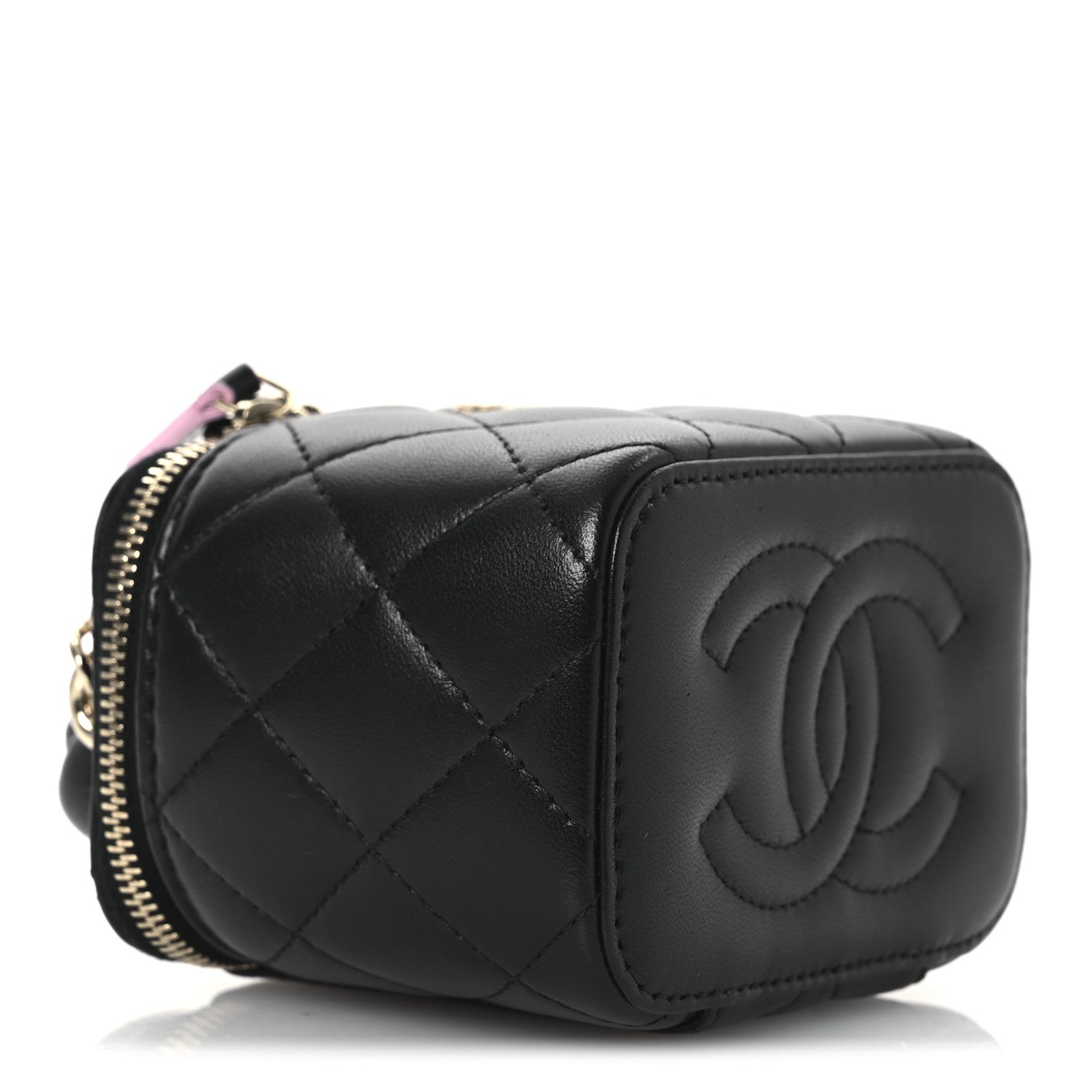 Chanel Lambskin Quilted Top Handle Mini Vanity Case With Chain Black Pink