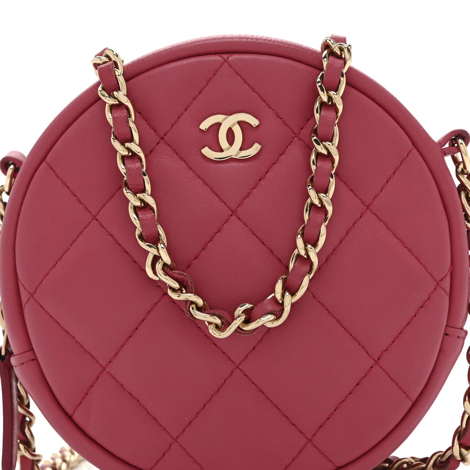 Chanel Lambskin Quilted Round Clutch With Chain Pink