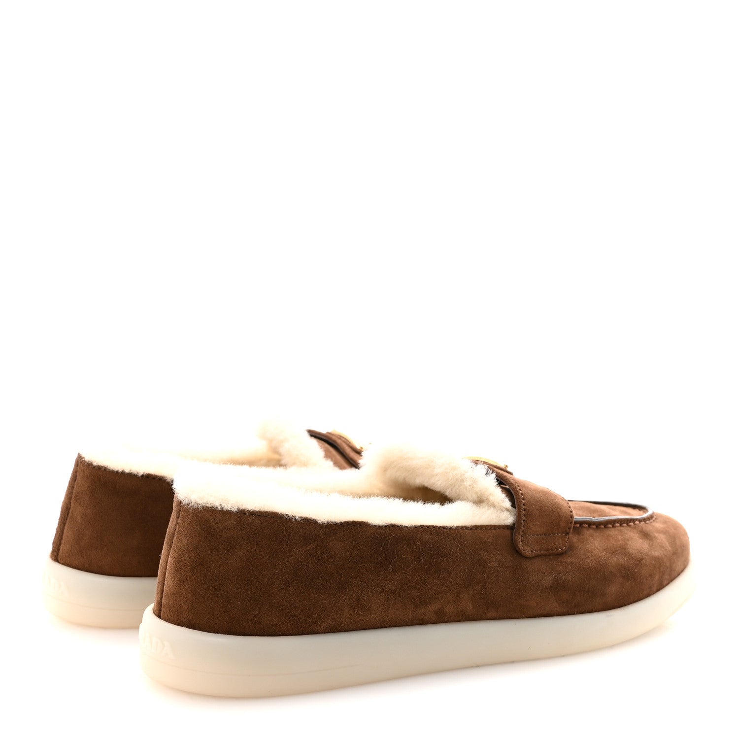 Prada Suede Shearling Triangle Logo Loafer 38.5 Cocoa Brown